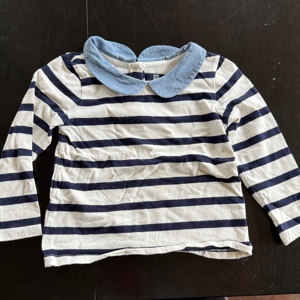 GAP Navy and White Striped Long-Sleeve Top with Light Blue Collar